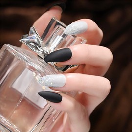 Shiny Sequin Powder-paved Press On False Nails Short Medium Length Full Cover Almond Shaped Acrylic Fake Nails for Women Lady Summer Fashion Nails for Nail Salons and Home DIY Nail Art 24 PCS (NF-603-1 Black)