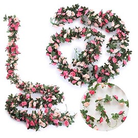 Plantas de flores de rosas falsas, paquete de 2 unidades de 8.2 pies de flores artificiales de flores colgantes para habitación, hogar, hotel, oficina, boda, fiesta, jardín, manualidades, decoración artística rosa