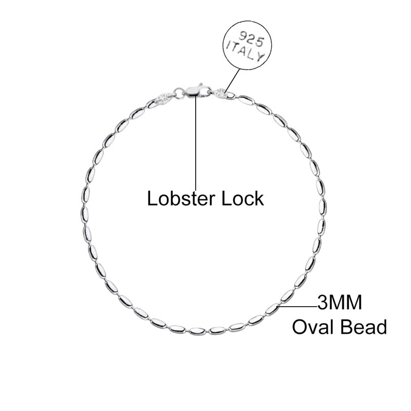 Savlano 925 Sterling Silver Oval Rice Bead Strand Chain Bracelet