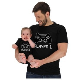 Gamer Dad and Baby Matching Outfits Gifts for New Dads Player 1 & Player 2 Funny Fathers Day Daddy and Me Outfits Dad Black Medium/Baby Black 6M (3-6M)