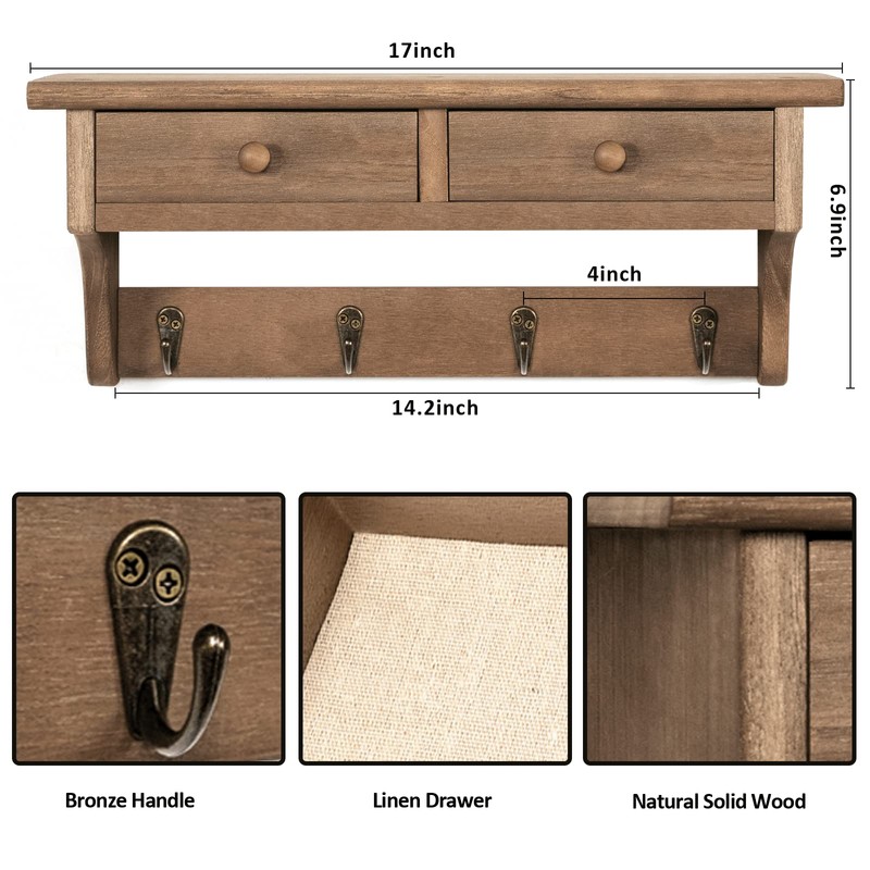 Emfogo Coat Hooks Mounted, Rustic Wood Coat Rack Mount Shelf