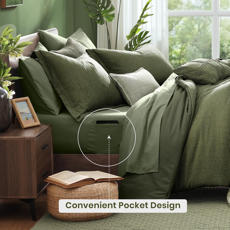 Monbix Queen Comforter Set - 7 Pieces Cationic Dyeing Olive