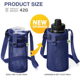 BINSUNS 2 Pcs Large Water Bottle Holder with Strap, Mesh Water Bottle Sling Carrier Bag Shoulder Crossbody Strap and Pocket - Traveling Essentials for Beach Walking Sports Hiking Camping (Blue+Black)