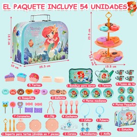 Nasjac Juego de Té para Niñas, 56 Piezas Juguete de Postre Fiestas Té, Comida de Cocina Juguete con 6 Piezas Princesa Vestirse, Tetera de Hojalata, Postres y Maletín de Transporte para 4+ Años Niños