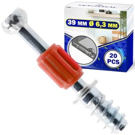 20 Pieces Eccentric Furniture Fixings 39 mm Thread Ø 6,3 mm - Furniture Connectors Made of Zinc-Plated Steel - Red Colour - MONTERAL