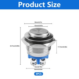 8 Pcs Momentary Push Button Switches, 16mm Metal Waterproof Momentary Switch, Car Horn Switch, 3A 12V/24V/125V/250VAC Screw Type Terminals Stainless Steel Push Button On Off (Flat Head)
