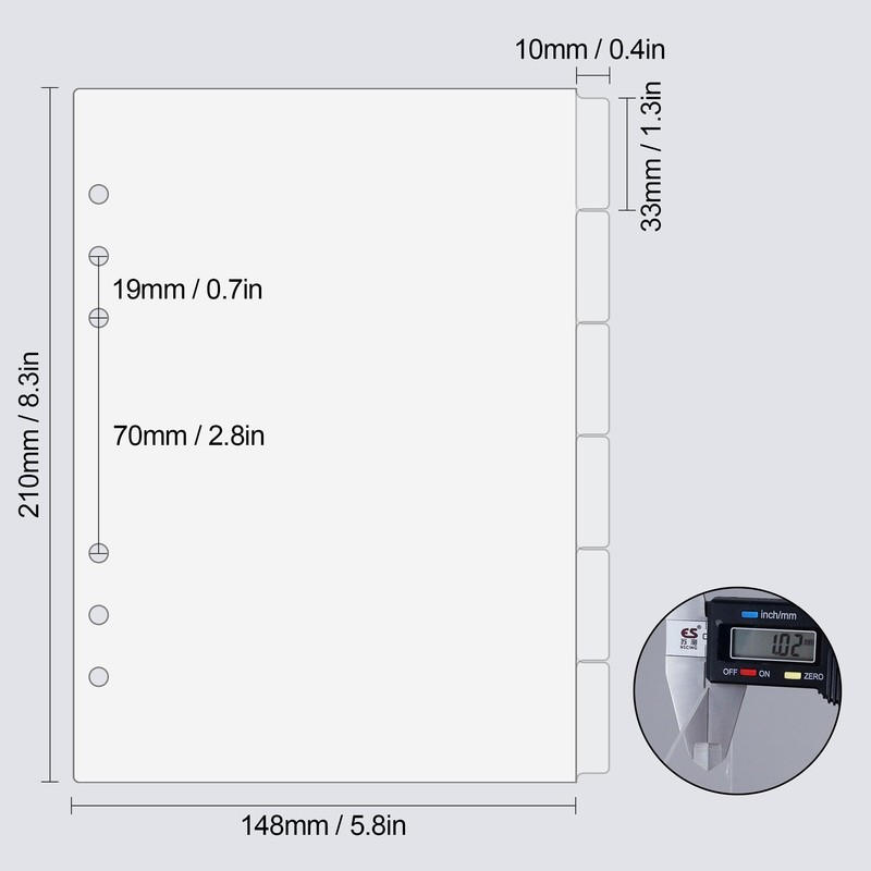A5 6 Hole Acrylic Binder Dividers, 6 Pack Clear 1mm