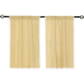 Moslovstar 2 Panels Linen Curtains Farmhouse Yellow Plaid Vintage Semi Sheer Window Curtain for Kitchen Bathroom with White Pom Pom, 26x36in Tiers Curtain