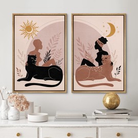 MUDECOR Framed Canvas Print Wall Art Mid-Century Women with Jungle Cats Abstract Nature Illustrations Modern Art Decorative Bohemian Multicolor Geometric Minimalism for Bedroom - 16"x24"x2 Natural