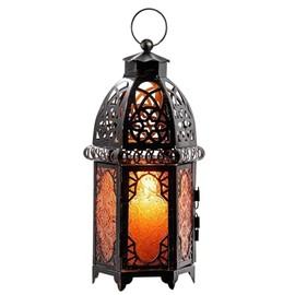 Farol decorativo clásico de gran tamaño, 12.8 pulgadas de metal para colgar y mesa marroquí, portavelas para decoración de Halloween, Navidad, para el hogar, interiores y exteriores (ámbar)
