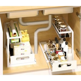 Growsun 2 Pack Under Sink Organizer Pull Out Metal Cabinet Storage 2 Tier Under Sink Storage for Kitchen Bathroom, White
