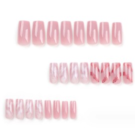 Gifiky Long Marble Nails False Nails Square Press on Nails Nude Nails Tips Full Cover Glitter Fake Nails for Women and Girls 24Pcs