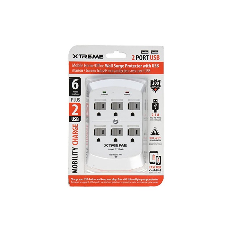 Xtreme 28621 6-Outlet Wall Tap with 2 USB Ports