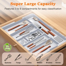Spaclear Large Utensil Drawer Organizer Expandable Silverware Organizer for Kitchen Drawer Adjustable Cooking Utensil Holder Cutlery Flatware Tray Spatula Tools Gadgets Storage Dividers Plastic Grey