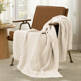 Amélie Home Chenille Knit Throw Blanket for Couch, Chunky Knit Blanket with Chevron Texture Non-Shedding, Decorative Farmhouse Soft Blanket for Home Sofa Chair Bed, Ivory, 50"x 60"