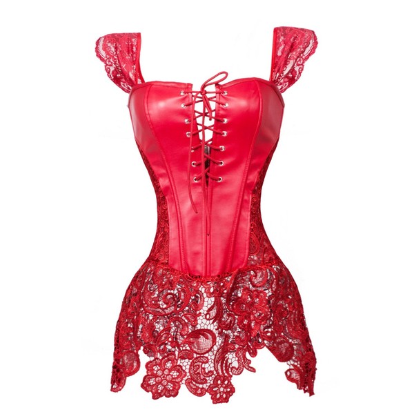 KUOSE Women's Burlesque Faux Leather Corset Dress Corset Plus Sizes S-6XL, red