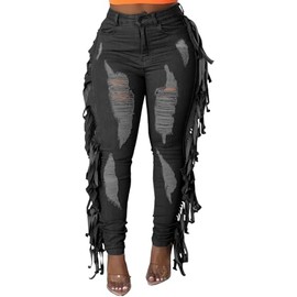 SeNight Women's High Waisted Ripped Jeans Cut Out Destroyed Frayed Tassels Distressed Black Denim Pants