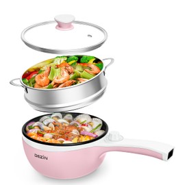 Dezin Hot Pot Electric with Steamer Upgraded, Non-Stick Sauté Pan, Rapid Noodles Electric Pot, 1.5L Mini Pot for Steak, Egg, Fried Rice, Ramen, Oatmeal, Soup with Power Adjustment