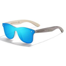 KITHDIA C5029 Wooden Sunglasses for Men and Women, Polarised Sunglasses with Wooden Arms, UV400 Protection, Blue/Grey Wood