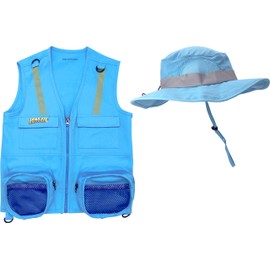 Eagle Eye Explorer M/L Combination Set Safe for Boys and Girls: 1 Blue Cargo Vest for Kids with Reflective Safety Straps & 1 Floppy Bucket Sun Hat with Chin Strap. Color: Blue