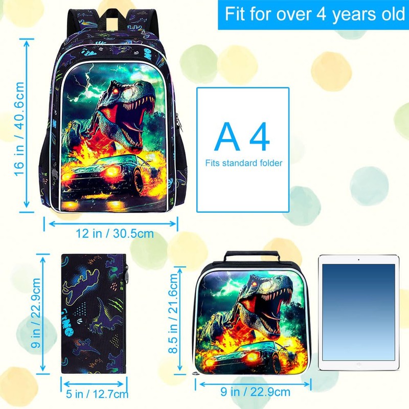 KLFVB 3PCS Dinosaur Bookbag for Boys Set, Water Resistant 16