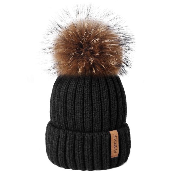 FURTALK Winter Knit Hat Detachable Real Raccoon Fur Pom Pom Womens Girls Warm Knit Beanie Hat Black