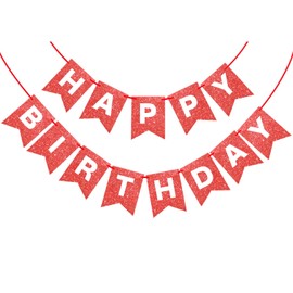Red Glitter Happy Birthday Banner Birthday Sign, Bunting Garland Wall Door Banner Flag for Women Men Boys Girls Party Backdrop Decorations