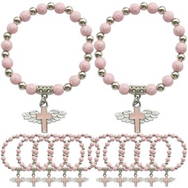 Baptism Favor Bracelet (12 PCS) Angel Wing Cross Pink Bead Wooden Bracelet Christening Party Favor Gift Recuerdos de Bautizo