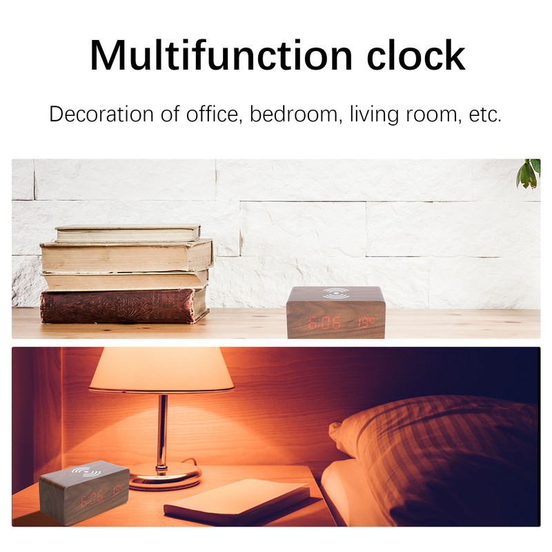 Wireless Charging Clock Digital LED Electronic Alarm Rectangular Wooden Bedside
