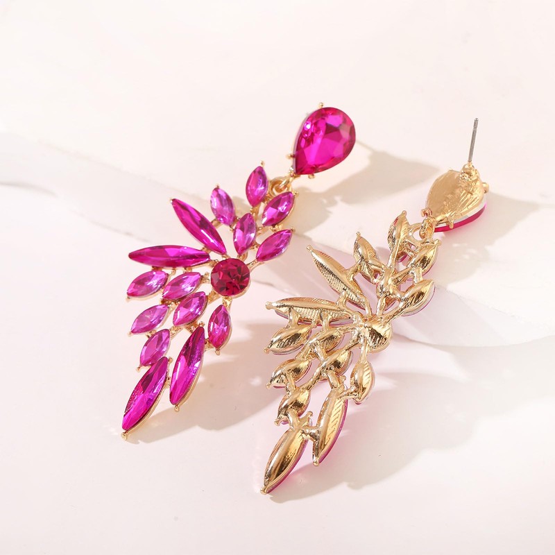 FENBORY Hot Pink Rhinestone Statement Earrings Cluster Crystal Drop Dangle