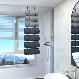 XRMAO Upgrated 7-Tier Over The Door Towel Racks, Metal Wall Mounted Towel Holder with Adjustable Door Hooks, Rolled Towel Organizer for Bathroom, Laundry Room, Black