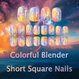 Starry Sky Press on Nails Big Dipper Acrylic Full Cover Fake Nails 24Pcs Milky Way Stick on Nail Stars Gel Glue on Fingernails Glossy Colorful Gradient Short Square False Nail for Holiday Manicure Art