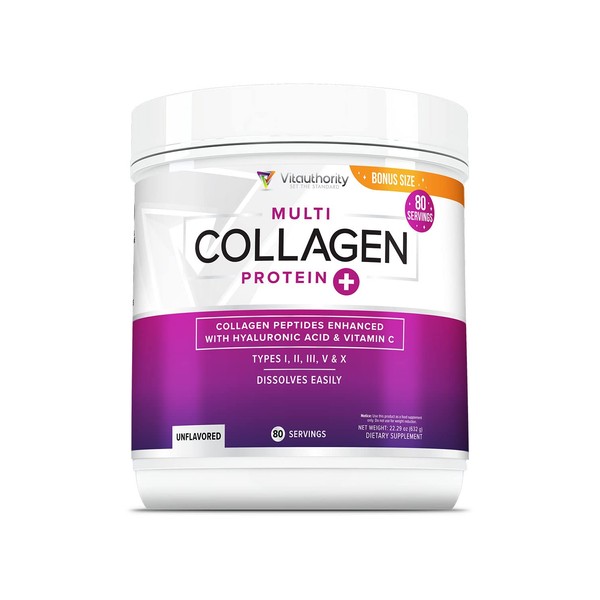 Multi Collagen Peptides Plus Hyaluronic Acid and Vitamin C Hydrolyzed Collagen Proteins Types I II III V and X 80 Servings Unflavored