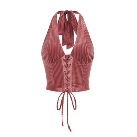 Verdusa Women's Sleeveless Halter Neck Lace Up Front Tie Back Crop Top Dusty Pink Small