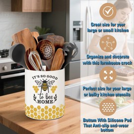 BOXJINCO Bee Kitchen Decor, Ceramic Utensil Holder Bee Decor, 6.5 Inch Farmhouse Indoor Kitchen Decorative Utensil Rack For Spoon Storage And Cooking Tools