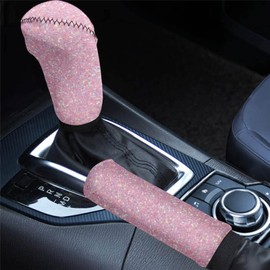 STUOARTE Bling Pink Print Car Gear Shift Knob Cover with Handbrake Cover, Universal Fit 2 Piece Vehicles Handbrake Cover Gear Shift Knob Cover Set for SUV Van Sedan Trucks