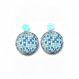 Disco Ball Acrylic Drop Dangle Earrings Colorful Big Round Circle 70's Charm Studs Earring Fashion Jewelry for Women Girlfriend Hypoallergenic (Blue)