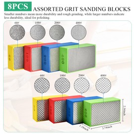 Supkiir 8pcs Diamond Hand Polishing Pads, 60#,100#,200#,400# Grit Diamond Sanding Pads, Sanding Blocks for Ceramic Tile Glass Concrete Stone Marble Grinding Polishing
