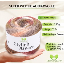 Stylish Alpaca Yarn - Soft Alpaca Wool Knitting Yarn - 150 g (525 m) Fine DK Wool for Knitting & Crocheting - Ideal for Sweaters, Scarves, Cloth, Baby Clothing - Premium Multicolour Gradient 7702