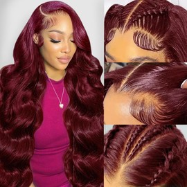 20 Inch 99j Burgundy 13x6 Body Wave Lace Front Wigs Human Hair 200% Density Glueless HD Transparent Lace Frontal Wigs Human Hair Pre Plucked With Baby Hair Burgundy Wine Red Human Hair Wigs For Women