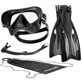 Italian Design Premium Tempered Glass Lens Anti-Fog Panoramic View Frameless Snorkel Mask, Elite Dry Snorkel Tube, Adjustable Fins - Mask Fin Snorkel Set