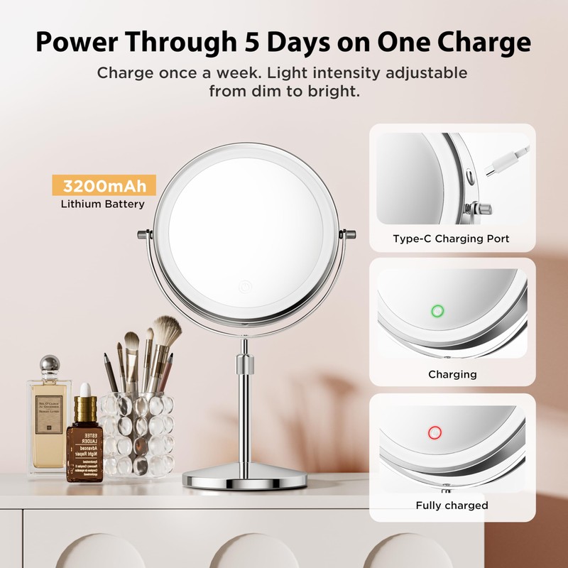 Double-Sided Makeup Mirror with Light, 1X/30X, 3 Colors, 3200mAh |