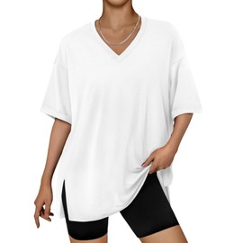 Trendy Queen Oversized Tshirts for Women Workout Plus Size Tops V Neck Short Sleeve Tunic Side Slit Outing T Shirts 2025 Spring Summer Casual Clothes Loose Fit Basic Tees Beach Vacation White 3XL
