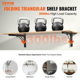 VEVOR Folding Shelf Brackets, 24" Heavy Duty Shelf Brackets, Brackets for Shelves, 5mm Thick L Shelf Bracket, Steel Shelving Brackets with 300 lbs Load Capacity, Matte Black 2 Pcs