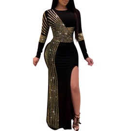 PORRCEY Hot Diamond Craft Sexy Long Sleeve Dress Sexy Dress Party Club Evening Dress (8882,Gold,L)