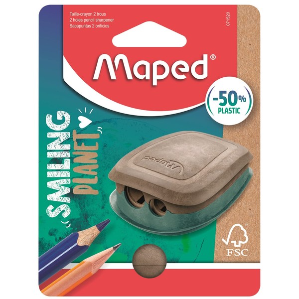 Maped - Taille-Crayons Smiling Planet - Responsable & Pratique - 50% en Fibre de Bois Certifié FSC - Ergonomique et Compact - Taille-Crayons 2 Trous avec Réserve, Facile à Ouvrir