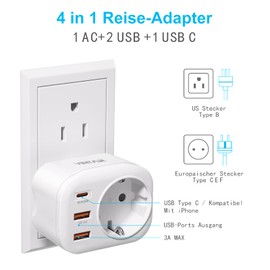 VINTAR 20W USA Travel Adapter, 4-in-1 PD & QC 3.0 Adapter USA, with 2 USB Ports and 1 USB-C Port, Suitable for Fast Charging Adapter in USA, Canada, Mexico, Type B