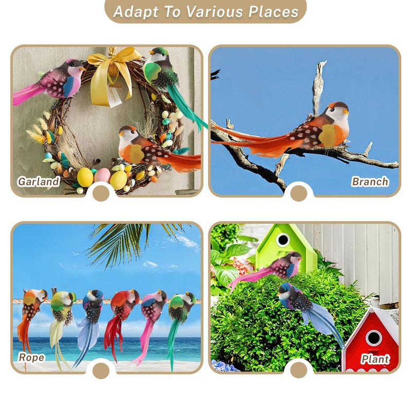 Dwafill 12 Pcs Multicolor Artificial Feather Garden Birds Clip Birds