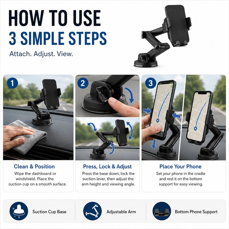 Car Phone Mount for Navigation – Adjustable Height Suction Cup