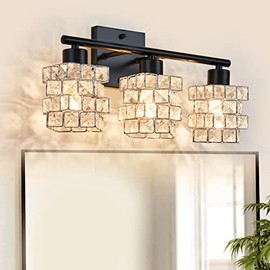 Behiya Vanity Lighting Fixtures, 3-Lights Vanity Lights, Crystal Bathroom Light Fixtures Over Mirror Indoor Lighting Matte Black with Crystal Shades for Makeup & Dressing Table Foyer Corridor